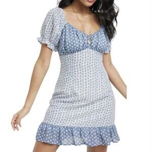 Anthropologie Moon River Blue White Polka Dot Ruffled Mini Dress size Small
